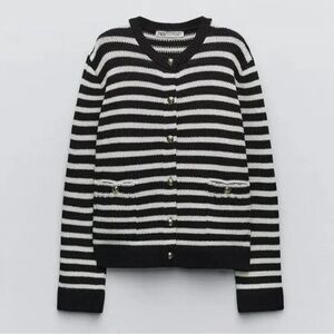 Zara Black & White Stripe Sweater with Brass Buttons